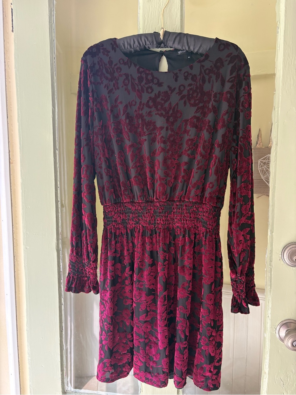 Gibson Women's Burgundy Floral Velvet Burnout Long-Sleeve Dress M